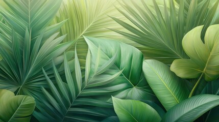 Canvas Print - A lush green jungle with many leaves and a bright green background