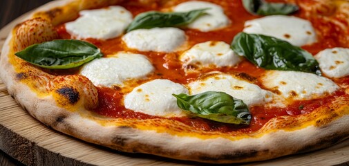 Close-up of a Margherita pizza topped with fresh basil leaves, melted mozzarella, and rich tomato sauce, on a rustic wooden board