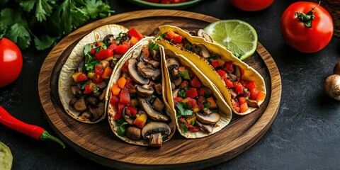 Tasty vegetarian tacos with fresh toppings on a wooden platter