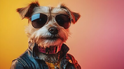 Wall Mural - Stylish Terrier Dog in Rock Outfit with Painted Background and Studio Lighting