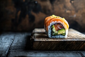 Wall Mural - Freshly Made Salmon Sushi Roll on Wooden Board