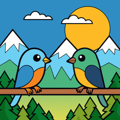 Mountain Perch Vector Illustration of Two Birds on a Branch