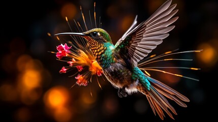 Vibrant digital neon hummingbird in mid flight against a lively and colorful background