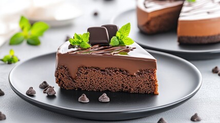 Wall Mural - A delectable slice of rich chocolate cake features a shiny milk chocolate drizzle on top, elegantly presented on a black plate atop a grey table