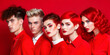 © Alena - Banner of young people with stylish haircuts with red hairs, in red clothes, on red background