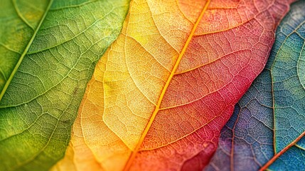 Leaf Veins Close-Up: Spectrum of colors from green to gold in autumn, life cycle concept.