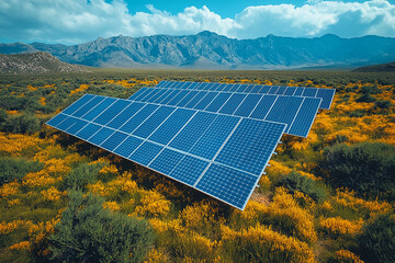 Wall Mural - Solar panels at a solar farm at a desert on a sunny day.