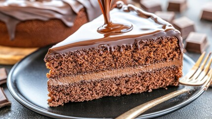 Wall Mural - A delectable slice of rich chocolate cake features a shiny milk chocolate drizzle on top, elegantly presented on a black plate atop a grey table