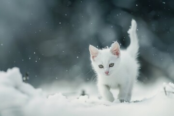 White cat walks in the snow