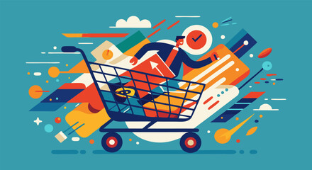 Vector illustration of a dynamic shopping cart with various items