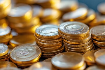 Stacks of shiny golden coins representing wealth, prosperity, and success, reflecting financial growth and stability.