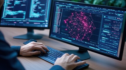 A programmer working on dual monitors, analyzing data visualizations and code in a modern tech environment.