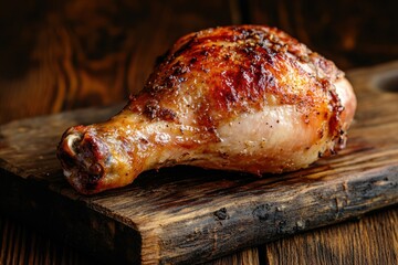 Canvas Print - Roasted Chicken Leg on a Wooden Cutting Board