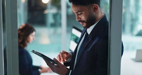 Wall Mural - tablet, business man and working with digital planning, tech and lawyer research in office. professi
