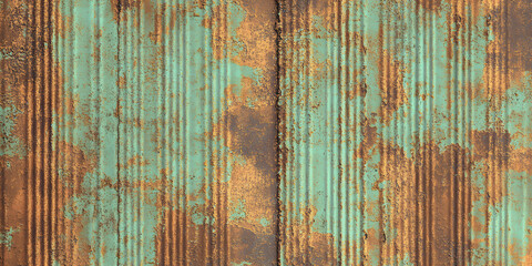 Seamless oxidized copper patina corrugated sheet metal grunge background texture. Vintage antique weathered and worn rusted bronze or brass abstract pattern. Orange brown and mint green 3D rendering.