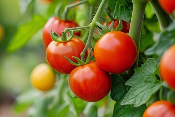 Wall Mural - A cluster of ripe red tomatoes growing on lush green vines in a garden, showcasing fresh produce and natural growth.