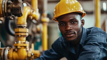 Young worker in a yellow hard hat repairs industrial pipes indoors