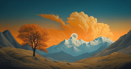 a breathtaking landscape showcasing snow-capped mountains bathed in the warm glow of a setting sun. 