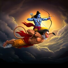 Lord Rama and Lord Hanuman flying in the sky