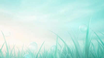 Poster - A field of grass with bubbles floating in the air