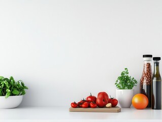 A minimalist kitchen with prebiotic-rich foods on the counter, photorealistic, bright and airy