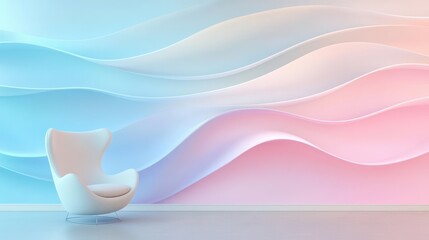 Canvas Print - a white chair is sitting in front of a wall with a pink and blue wave pattern