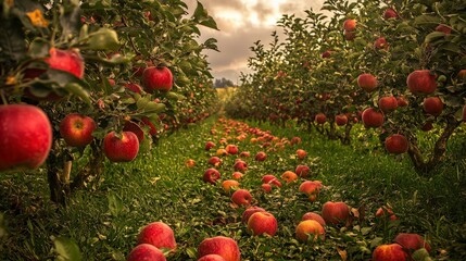 Wall Mural - Orchard scene with ripe red apples, a stock photo emphasizing healthy food and natural vitamins.