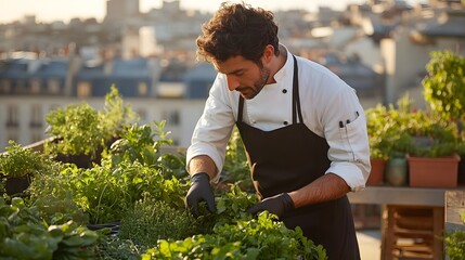 A chef harvesting fresh herbs from a rooftop garden, with a cityscape in the background