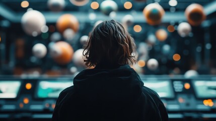 A person facing various floating spheres on screens in a futuristic control panel setting, likely representing a space exploration or scientific analysis scenario.