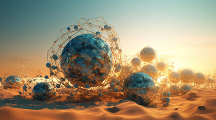 Wall Mural - abstract scfi-fi landscape with connected 3d balls and molecular grid structure. futuristic surreal 