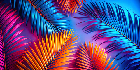 Neon Palms: A vibrant, abstract display of tropical palm leaves bathed in electrifying neon hues of pink, orange, and blue. 