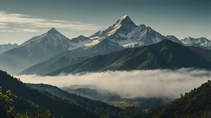 Wall Mural - Majestic Mountain Range: A breathtaking panoramic view of a snow-capped mountain range, reaching towards a vibrant blue sky, with fluffy white clouds floating across the horizon. The majestic scenery 