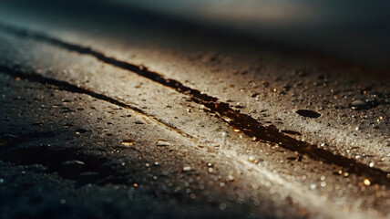 Golden Hour Cracks: A close-up of sunlight illuminating cracks in an asphalt road after a rain shower. The interplay of light, texture, and water droplets creates a mesmerizing abstract scene. 