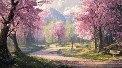Wall Mural - Scenic park with blooming cherry sakura trees, digital art.