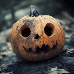 Poster - Hauntingly carved pumpkin resting on autumn leaves in the forest