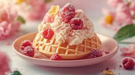 Delicious dessert featuring a raspberry topped waffle with cream