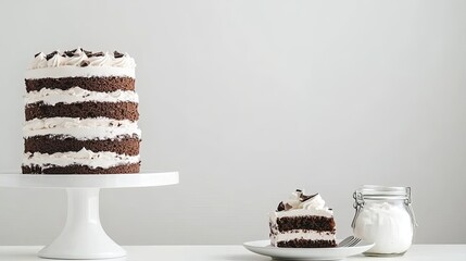 A beautifully layered chocolate cake sits atop a white stand, accompanied by slices on plates and a jar of whipped cream, inviting indulgence in a light, airy setting