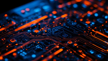 Wall Mural - Digital Brain: A close-up shot of a motherboard, bathed in vibrant orange and blue light, revealing the intricate circuitry of modern technology. 