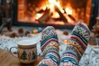 © Jane_S - A warm and cozy scene with a cup of hot cocoa, woolen socks, and a fireplace in the background, providing a sense of winter comfort and relaxation.