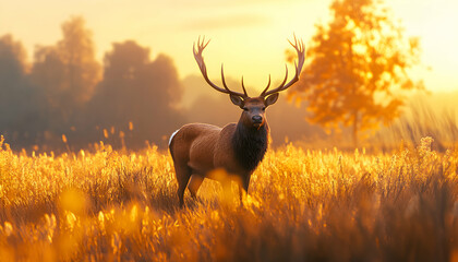 Wall Mural - Majestic deer with antlers standing in tall grass at golden hour.