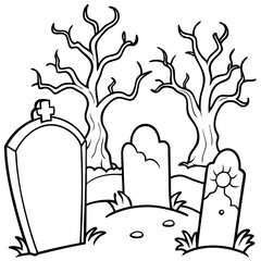 Wall Mural - Spooky Graveyard Scene with Crooked Tombstones and Twisted Trees – Vector Coloring Book Design