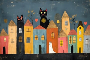 Whimsical Encounter of Playful Black Cats and Cheerful Ghosts in a Colorful Halloween Scene