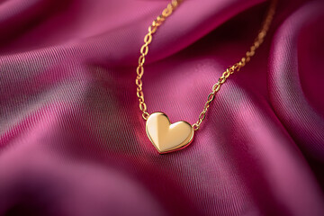 gold necklace with a gold heart-shaped pendant resting on a pinkish-red fabric is the perfect gift for love, anniversary or special occasions on Valentine's Day.