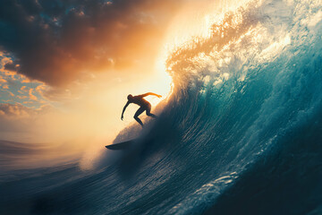 Silhouette of a surfer riding a wave at sunset.