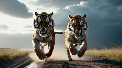 Two Tigers Running Across a Dirt Road