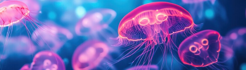 Glowing Jellyfish in Deep Blue Ocean: Jellyfish illuminate their surroundings in a deep blue ocean, creating a captivating and surreal marine scene