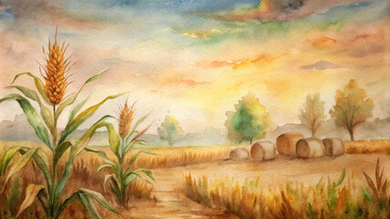 Serene autumn harvest background painting with cornfields and hay bales at sunset
