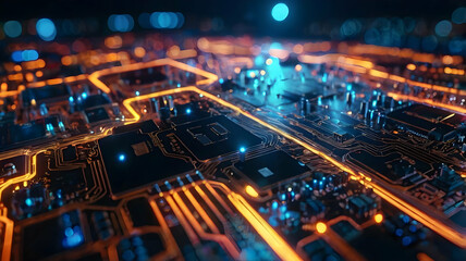 Wall Mural - Digital Brain: Glowing Circuitry - A close-up of a motherboard, its CPU illuminated, symbolizing the power and complexity of modern technology. 