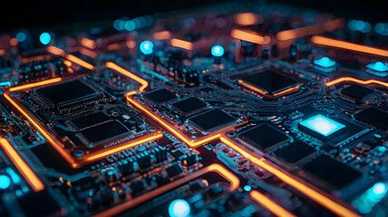 Wall Mural - Digital Brain: Glowing Circuitry - A close-up of a motherboard, its CPU illuminated, symbolizing the power and complexity of modern technology. 