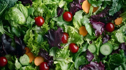 A close-up of a vibrant green salad with fresh, homegrown vegetables